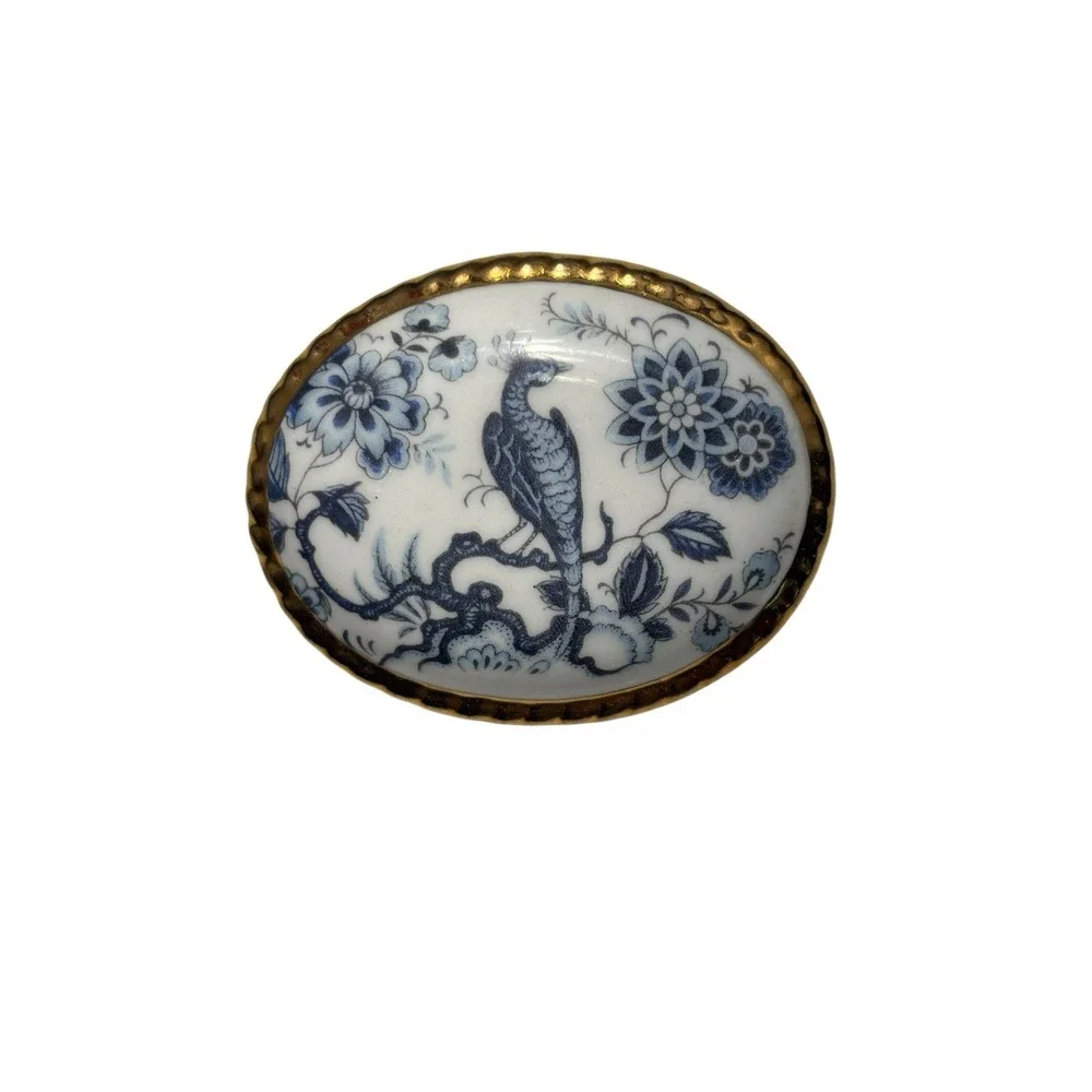 Vintage Aynsley Gold Tone Frame White Blue Bone China Floral Peacock Brooch Pin